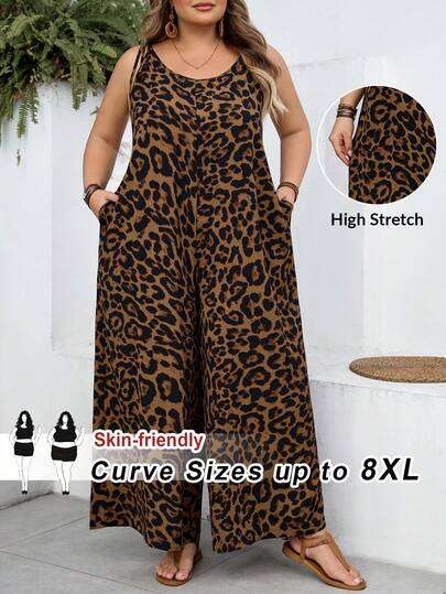 SHEIN CURVE+ Curve 尺码 US22 音乐节、海滨度假、波西米亚风女士豹纹抽绳宽松连体裤