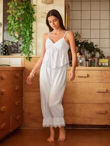 Lullawish Bohemian Style Lace Patchwork Ruffle Hem Camisole & Pants Pajama Set For Women - White - View 7