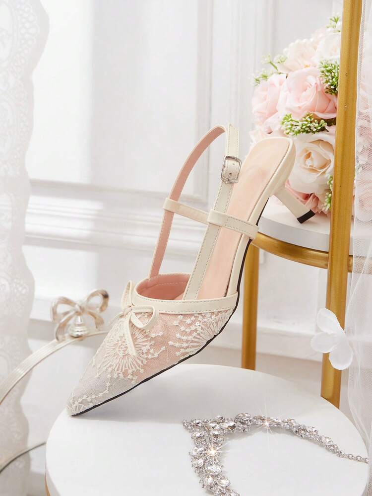 CUCCOO HITCHD Women's Fashionable Elegant Commuting Embroidered Mesh Bow Decor Pointed Toe Pumps Wedding Shoes Summer Shoes Bride Shoes