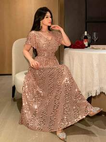 DAZY Đầm nữ thanh lịch cổ chữ V đính sequin tay bồng dài ngang gối, thích hợp mùa hè, dự tiệc cưới, đầm hè cho nữ. - Hồng - Xem 8