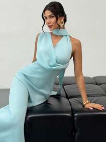 Firerie 女士优雅浪漫约会派对连衣裙，浅蓝绿色垂褶领口飘逸A字型度假长裙，婚礼宾客礼服，新款长裙，生日礼服，派对礼服，晚礼服，正式礼服 - 藍色 - 查看 6