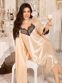 MuseNap CURVE 2 pièces Ensemble de robe de chambre et robe de chambre en faux soie de couleur champagne, design à taille nouée, poignets en dentelle noire, doublure avec garniture en dentelle, élégant et sexy, grande taille, vêtements de nuit pour femmes - Champagne - Voir 5