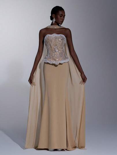 Elitara Elegant Luxurious Beaded & Sequin Floral Bustier Top With Asymmetrical Neckline, Handcrafted 3D Pearl Embellishment, High-Stretch Knit Mermaid Skirt (Detachable Halter Included), Suitable For Weddings, Parties, Galas, Formal Events