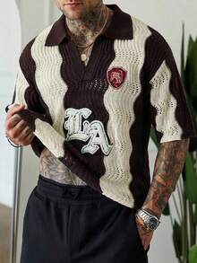 Manfinity Homme 男士 Polo 领波浪条纹撞色拼接街头风短袖 Polo 衫，春夏度假男士 Y2K 服装钩针针织衫 Y2K 针织衬衫 男士钩针衬衫 - 咖啡棕 - 查看 3