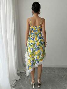 Selianne Women's Lace Patchwork V-Neck Asymmetric Hem Printed Casual Vacation Dress, Spring/Summer - Multicolor - View 2