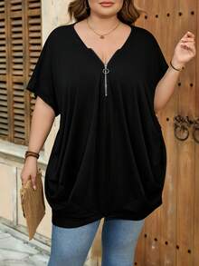 SHEIN CURVE+ Áo thun nữ tay ngắn màu trơn, có khóa kéo nửa thân, cỡ US22, phong cách lễ hội âm nhạc, kỳ nghỉ bên bờ biển, phong cách bohemian, kiểu dáng rộng rãi, màu đen, áo thun thường ngày. - màu đen - Xem 4