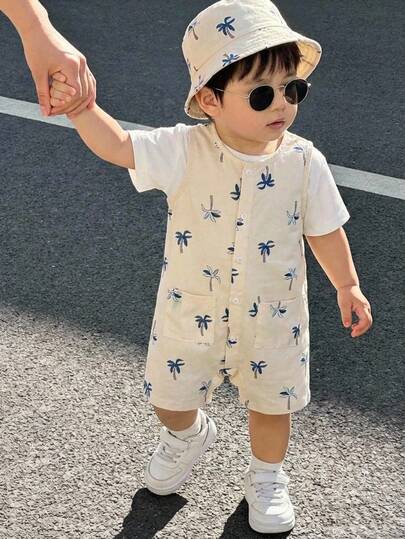Bubblio 2pcs Baby Boy Casual Vacation Coconut Tree Print Bib Overalls Shorts Set With Bucket Hat, Suitable For Home, Outing, Beach, Spring/Summer Summer Baby Clothes Boy Palm Tree Print Short Sleeved Jumpsuit
