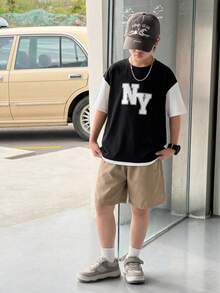 SHEIN 2pcs/Set Tween Boys' Casual Color Block Round Neck 2 In 1 Short Sleeve T-Shirt And Shorts Set, Suitable For Commuting, School, Daily Casual Wear, Sports, Spring/Summer - Black - View 5