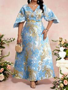 SHEIN Lady Đầm Jacquard thanh lịch cỡ lớn dành cho tiệc tùng - Màu xanh lam - Xem 4