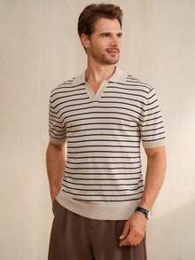 Manfinity CityGents 男士休闲通勤条纹短袖针织衫，春夏款 - 杏色 - 查看 4