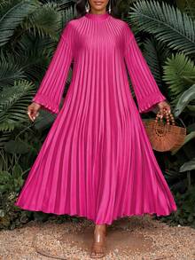 SHEIN Lady Đầm nữ cỡ lớn màu đỏ hồng cổ đứng vai rớt tay dài dáng rộng xếp ly thường ngày, đầm dự tiệc nhà thờ, đầm maxi xếp ly, đầm maxi tay dài, đầm maxi tím, đầm mùa đông, đầm bốn mùa, bộ sưu tập thời trang sành điệu, đầm mùa hè, đầm mùa xuân, đầm thanh lịch cho nữ, trang phục đi nghỉ mát, đầm dự tiệc, đầm cưới và sự kiện, đầm khách mời đám cưới cho nữ. - Màu Hồng Tươi - Xem 1