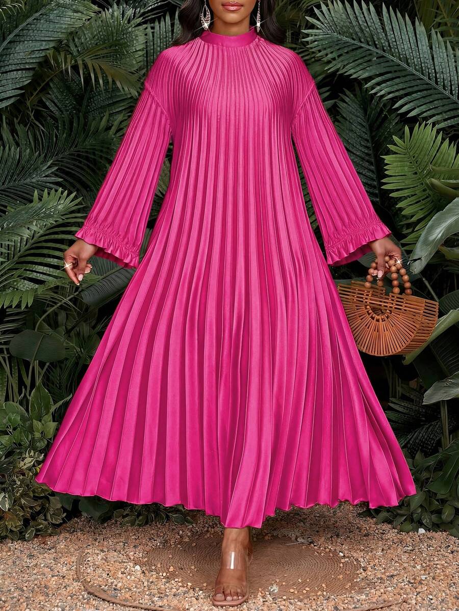 SHEIN Lady Đầm nữ cỡ lớn màu đỏ hồng cổ đứng vai rớt tay dài dáng rộng xếp ly thường ngày, đầm dự tiệc nhà thờ, đầm maxi xếp ly, đầm maxi tay dài, đầm maxi tím, đầm mùa đông, đầm bốn mùa, bộ sưu tập thời trang sành điệu, đầm mùa hè, đầm mùa xuân, đầm thanh lịch cho nữ, trang phục đi nghỉ mát, đầm dự tiệc, đầm cưới và sự kiện, đầm khách mời đám cưới cho nữ. - Màu Hồng Tươi - Xem 1