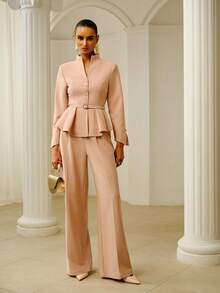 ZEYLAH Minimalist Asymmetrical Waistband Straight Leg Wide Leg Pants, Spring/Summer - Pink - View 6