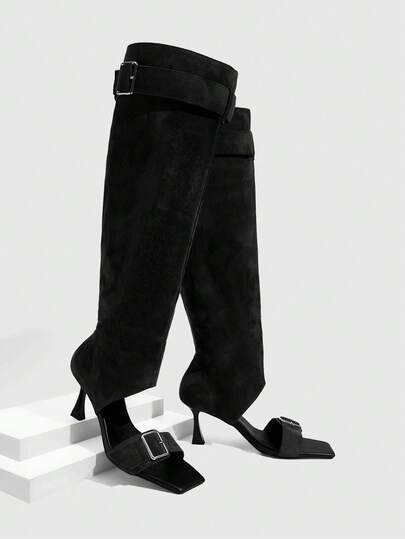 Daringsoles Women Shoes Spring And Autumn Popular Word With Buckle Open-Toe Square Head Thin High Heel, Comfortable Pull Wind Black Boots Outside Wear