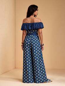 JIAN LASALA All-Over Print Off-Shoulder Wide-Leg Woven Women Summer Jumpsuit Vacation Boho Casual Wear - Navy Blue - View 2