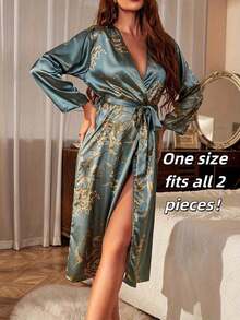 Bộ áo choàng và đồ ngủ bằng lụa satin, đồ mặc nhà thanh lịch dành cho nữ, đồ ngủ cổ chữ V, kimono mềm mại, váy ngủ, quà tặng Valentine, đồ mặc nhà mùa xuân sang trọng, thoải mái và gợi cảm. - Màu xanh lá cây đậm - Xem 8