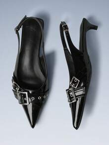 CUCCOO GRLICON Green Pointed Cross-Strap Double Buckle Kitten Heel Empty Women's Shoes - Black - View 3