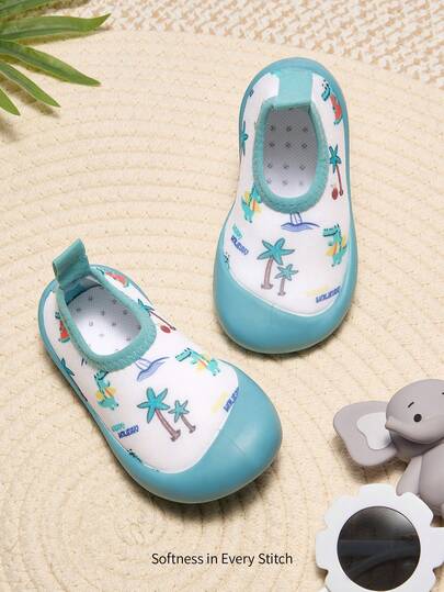 Cozy Pixies 1 par de zapatos de agua casuales, ligeros y cómodos con estampados de cocodrilo verde de dibujos animados y árboles de coco, adecuados para uso diario en el hogar, vacaciones de verano en la playa y atuendos para vadear (patrón aleatorio)