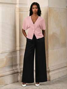Mima John Kemeja Minimalis Warna Polos Kancing Ganda Lengan Kelelawar Elegan Warna Pink - Berwarna merah muda - View 4