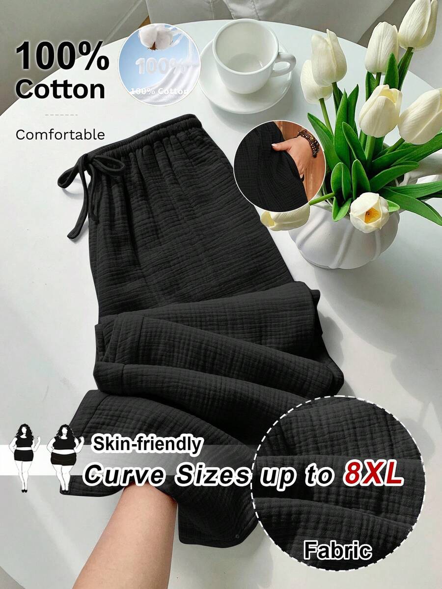 SHEIN CURVE+ 大码曲线尺码 US22 音乐节、海滨度假、波西米亚风女士夏季休闲沙滩裤,时尚商务通勤优雅阔腿裤,带口袋,莲花粉色,夏季长裤,夏季/乡村/海滩度假/海滩/沙滩装 - 黑色 - 查看 1