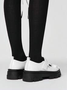 ROMWE Kawaii Giày cao gót đế xuồng và đế platform cho nữ, giày Diablo Rock Punk Goth, giày Mary Jane một khóa, giày da nhỏ, giày kín mũi có nơ, giày đồng phục JK Nhật Bản ngọt ngào, phong cách Y2K. - Nơ bướm trắng gạo - Xem 5