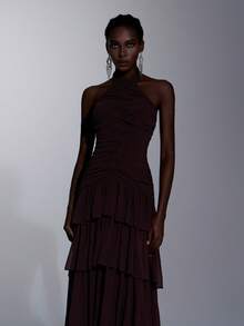 Elitara Elegant Formal Gala Prom Graduation Dinner Evening Pearl Chiffon Stand Collar Sleeveless Pleated Multilayer Ruffle Hem A-Line Dress Dark Red Fall - Coffee Brown - View 7