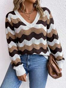 Áo len chui đầu tay dài họa tiết sọc cổ chữ V cỡ lớn dành cho nữ, đa năng khi mặc ngoài trời, mùa thu/đông - màu nâu - Xem 4