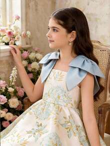 SHEIN Ärmlös klänning med blommig jacquard och rosett på axlarna för ung flicka - Rosa - Visa 11