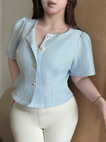 Vibekara Áo khoác dáng rộng thanh lịch, tay cánh hoa, eo thắt, thích hợp cho người đi làm, mùa hè. - Màu xanh lam - Xem 4