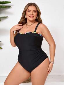 SHEIN CURVE+ 加大码女士黑色花卉饰边可拆卸肩带连体泳衣，适合海滩穿着 - 黑色 - 查看 6