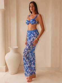 Swim Oasis 3件套女士复古比基尼套装，吊带比基尼上衣+长裤，中国风复古度假泳装套装 - 藍白色 - 查看 5