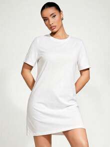 SHEIN BASICS Women's Solid Color Round Neck Casual Commute Short Sleeve Dress Summer Dresses For Women - White - View 5