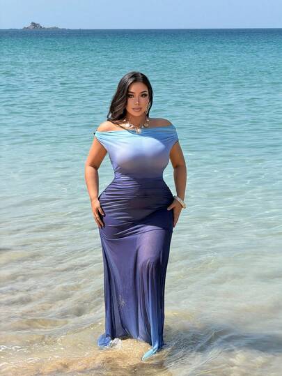 NU&NOW Vestido transparente de hombros descubiertos de verano informal con degradado para mujer de talla grande