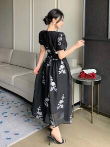 DAZY 女士优雅花卉亮片V领花瓣袖褶皱中长连衣裙，夏季婚礼宾客礼服，女士吊带裙 - 黑色 - 查看 2