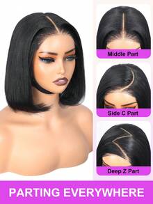 Yaki直发波波头假发，真人发，无胶预剪，4x4蕾丝前假发，真人发，预先拔毛，隐形结，即戴即用，短款Yaki波波头假发，180%密度 - Natural Black - 查看 6