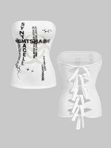 ROMWE Avant Visual Subculture Avant-Garde English Print Cropped Backless Twist Front Camisole Top For Women - White - View 1