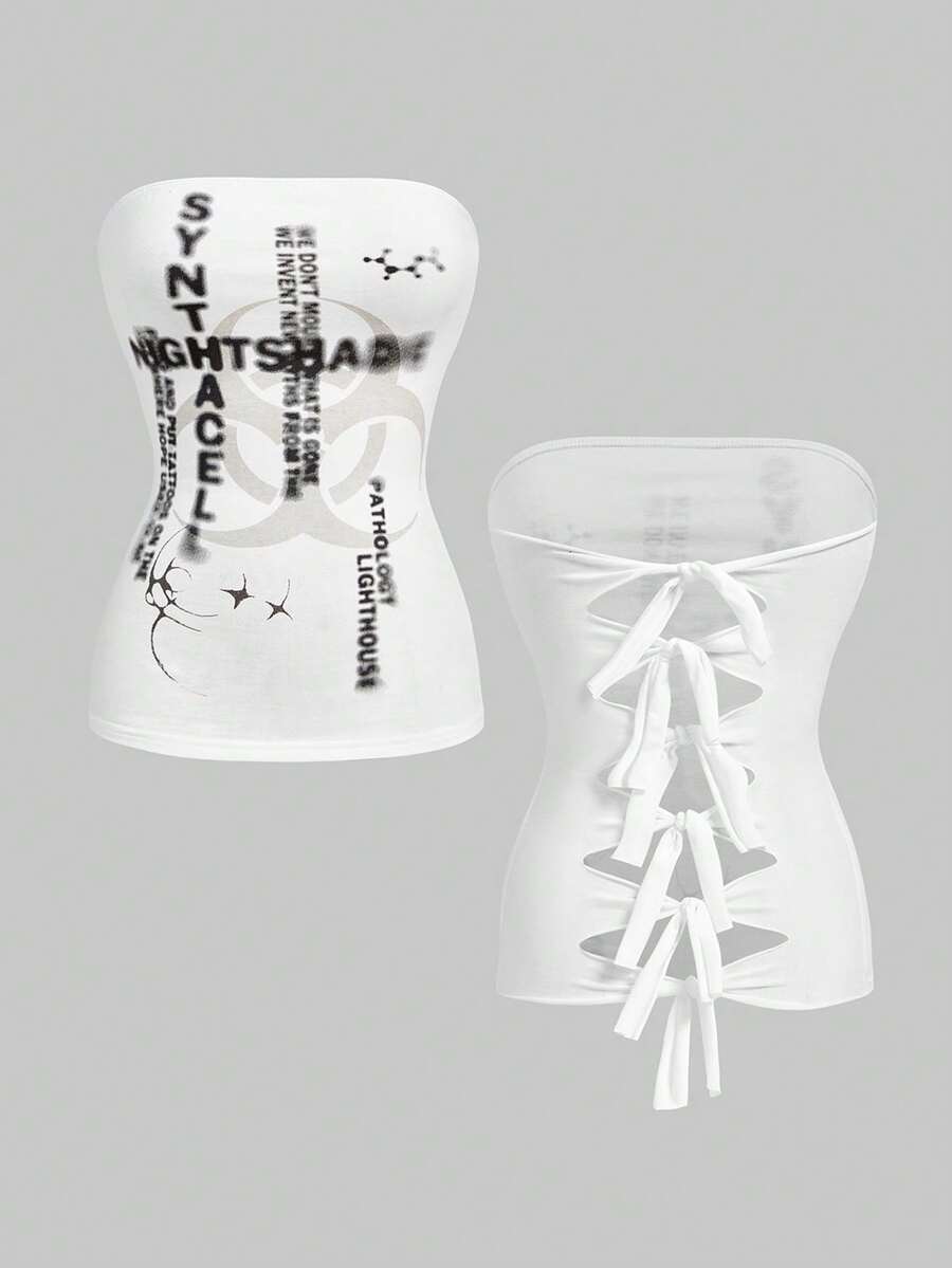 ROMWE Avant Visual Subculture Avant-Garde English Print Cropped Backless Twist Front Camisole Top For Women - White - View 1