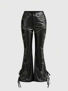 ROMWE Grunge Punk Sexy Studded Skinny Low-Waist PU Flare Pants - Black - View 1
