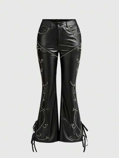 ROMWE Grunge Punk Sexy Studded Skinny Low-Waist PU Flare Pants