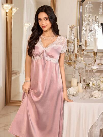 LuxeNights Lace Patchwork Sheer Shoulder Short Sleeve V-Neck Loose Women's Long Nightgown