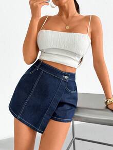 SHEIN High Rise Denim Mini Skort Dark Wash - Dark Wash - View 3