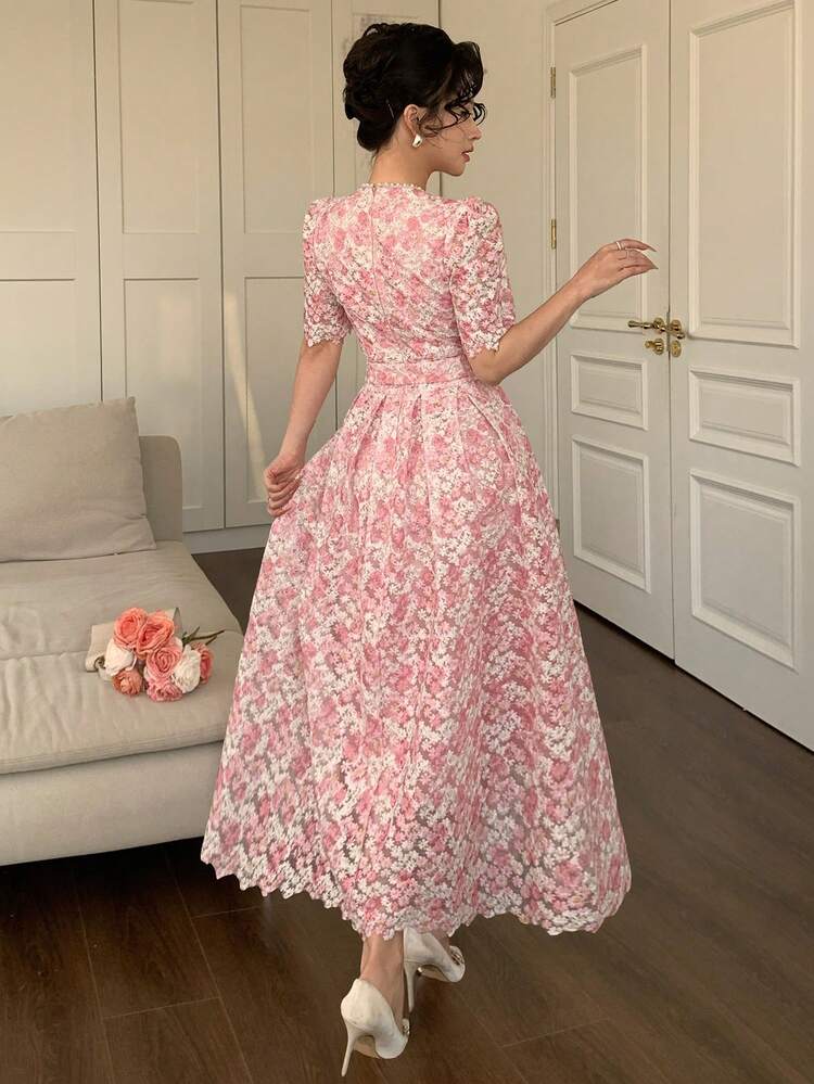 Heavy Lace Hollow-Out Printed Dress, Metal Buckle Cinched Waist Long Dress For Women