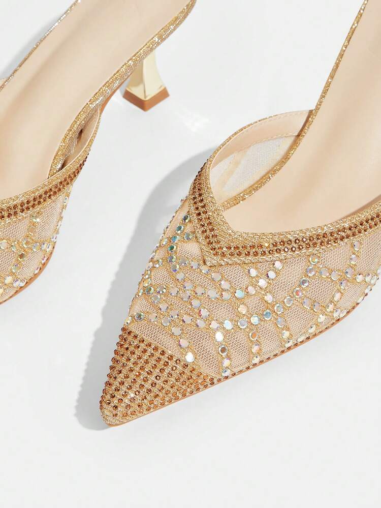 CUCCOO TILAWA Women Shoes Women's Fashion Pointed Golden Rhinestone Mesh Splicing Fashion Party Dinner Gorgeous Sexy Kitten Heel Women's High Heel Shoes Mule Shoes Backless Shoes