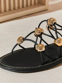 SHUZIA Women's Gold Dome Accent Roman-Strap Black Sandals – Sleek, Modern & Statement-Making. - Black - View 7