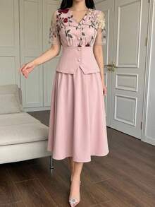 DAZY 女款優雅刺繡花卉拼接襯衫與裙子兩件套，春夏婚禮賓客女裙 - 粉色 - 查看 4