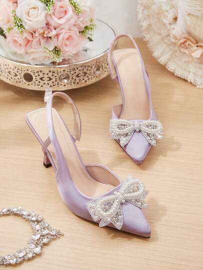 CUCCOO HITCHD Women's Pointed Toe High Heel Shoes With Pearl & Rhinestone Bow Accent, Lavender Satin, Elegant Bridal, Bridesmaid, Wedding Guest Pumps