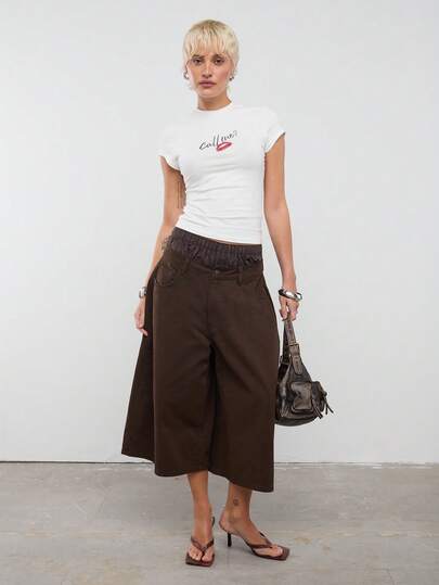 COUREZ Low Rise Longline Jorts In Brown Denim Wash /Y2K Winter Spring Outfits For Women Street Streetwear Casual Going Out Outfits 2 Piece Sets Party Outfits