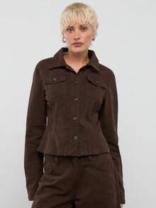 COUREZ Áo khoác ôm dáng có khóa kéo màu nâu denim / Phong cách Y2K mùa đông xuân cho nữ, áo khoác nâu, bộ 2 món, trang phục đi chơi, dự tiệc, trở lại trường học, áo kiểu dễ thương. - Màu xanh Ô liu - Xem 5