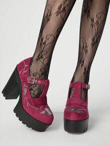 ROMWE Goth 女士休闲厚底粗跟平底鞋，春秋季时尚纯色绒面革刺绣花卉图案玛丽珍高跟鞋，圣诞节 - 玫紅色 - 查看 4