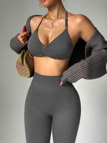 Dewbera Bộ đồ thể thao nữ gồm áo croptop hở lưng và quần legging. - Màu xám đen - Xem 5